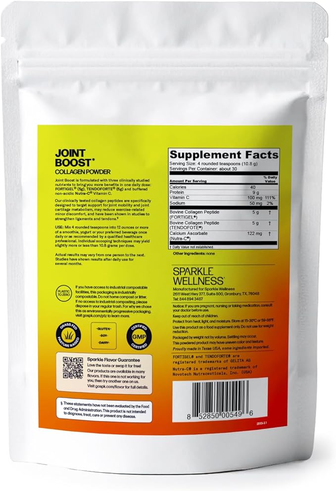 Sparkle Wellness FORTIGEL & TENDOFORTE Collagen Peptides | Collagen Powder with Calcium Ascorbate Vitamin C to Support Joint Mobility, Tendon & Ligament Health | Joint Boost (No Flavor) [30-Serves]