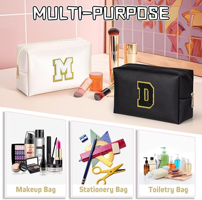 TOPEAST Monogrammed Gifts for Women, Preppy Makeup Bag Small Cosmetic Bag Travel Toiletry Bag, Personalized Birthday Gift for Girl, Wedding Bridal Shower Gifts for Bridesmaids (Black M)