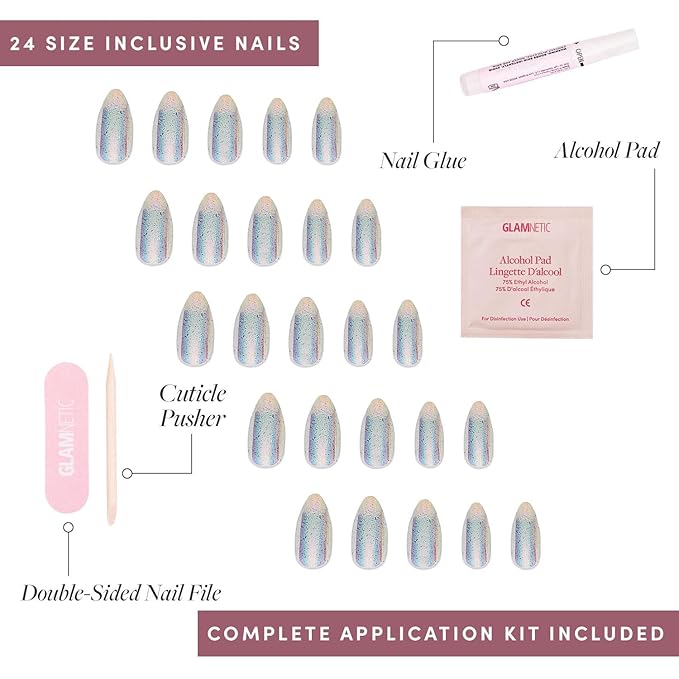 Glamnetic Press On Nails - Stardust | Medium Pointed Almond, Holographic Fake Nails, Salon Quality | 15 Sizes - 30 Nail Kit with Glue