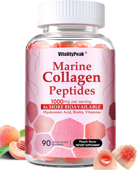 VitalityPeak Marine Collagen Gummies for Women- Hydrolyzed Collagen Peptides 1000mg with Biotin,Vitamin C, E, Hyaluronic Acid- Collagen Supplement for Healthy Skin Hair Nails- Sugar Free, 90 Counts
