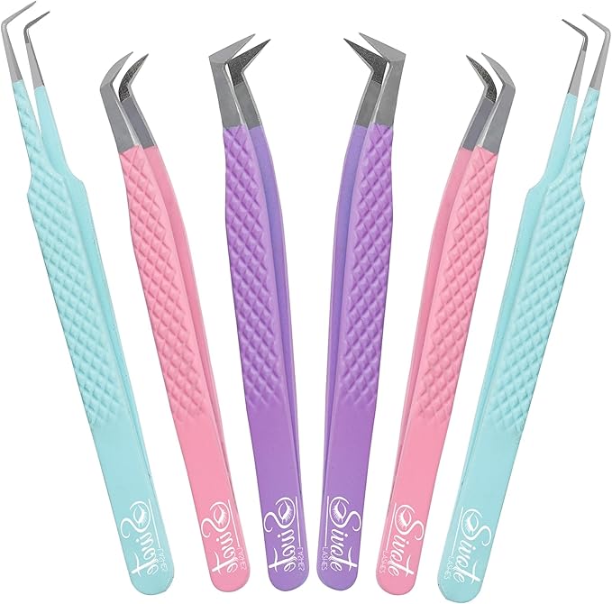 SIVOTE Lash Tweezers for Eyelash Extensions, Set of 6 - Volume, Volume Boot, Slim 90 Degree Tweezers with Fiber Tips in Pastel Colors, Ideal for Mega, Volume & Russian Lashes - Includes Leather Pouch
