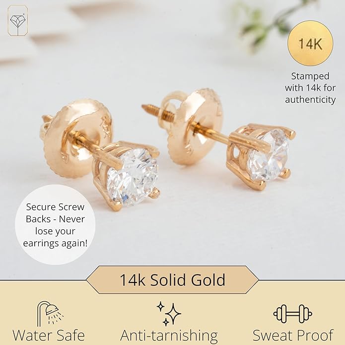 1/4-2 Carat IGI Certified Lab Grown Diamond Stud Earrings | Solitaire Real Diamonds Earring for Women in I-J Color & SI1-SI2 Clarity | 14K Gold Diamond Studs with Secure Backs by MAX + STONE