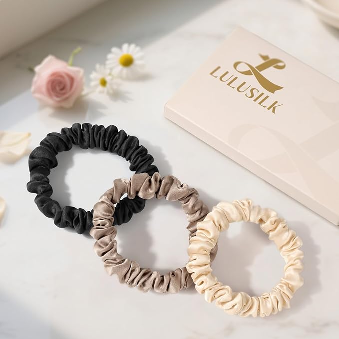 LULUSILK Small Silk Hair Ties No Damage, 100% Real Mulberry Silk, Skinny Scrunchies Ponytail Holders for Thin Fine Hair, Black Ivory and Brown, Pack of 3