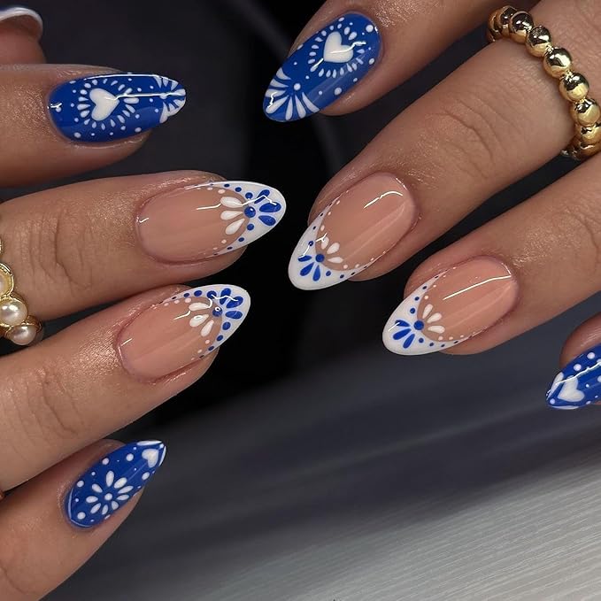 XZMeiLun Blue French Tips Press On Nails Short Almond, Flower Heart Sticke On Nails, Designer Reusable Acrylic Nails Press Ons, Fake Nails With Glue On Nails, Daily Wea False Nails For Women