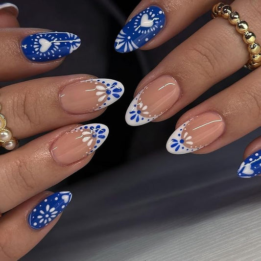XZMeiLun Blue French Tips Press On Nails Short Almond, Flower Heart Sticke On Nails, Designer Reusable Acrylic Nails Press Ons, Fake Nails With Glue On Nails, Daily Wea False Nails For Women