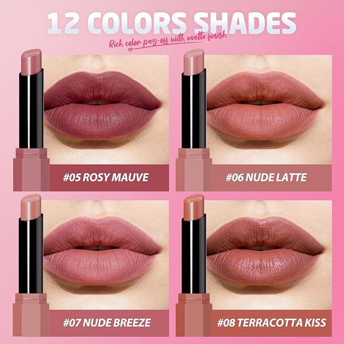 Jolilab 2Pcs Velvet Matte Lipstick Nude Matte Soft Dark Color Stick High Pigmented Long-Lasting Waterproof Lip Stick Lip Balm Beauty Cosmetics Gift for Women(#03+04)