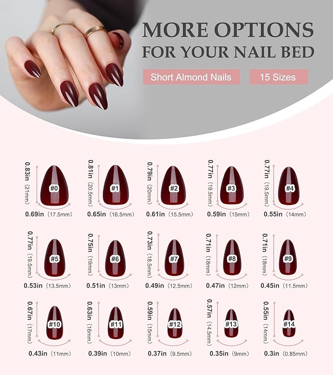 Morily Short Press on Nails Almond, 30Pcs Burgundy Fake Nails in 15 Sizes Glossy Wine Red False Nails Reusable Acrylic Stick on Nails for Women