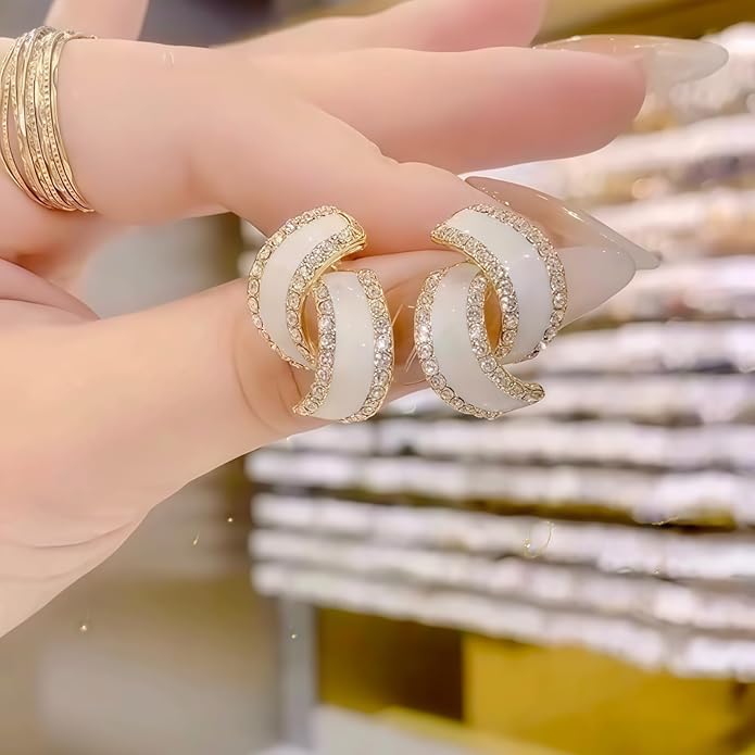 Gold Plated Double Hoop Earrings for Women, White Enamel & Cubic Zirconia Statement Earrings