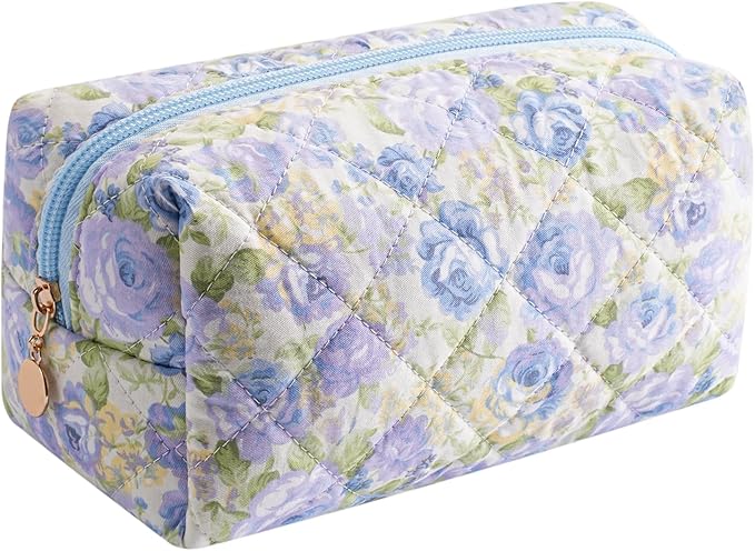 Cute Floral Makeup Bag Small Cotton Quilted Cosmetic Bag, Aesthetic Essential Bag Emergency Bag Gift for Women Girls Travel Accessories (Blue Rose)