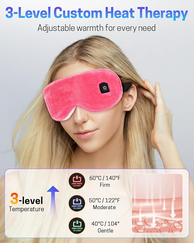 Heated Eye Mask for Dry Eyes, Stye Relief and Improved Sleep - Cordless Rechargeable Warm Compress with Graphene Heating, 3 Temp Settings, Auto Shut-Off, Washable Sleep Mask for Travel