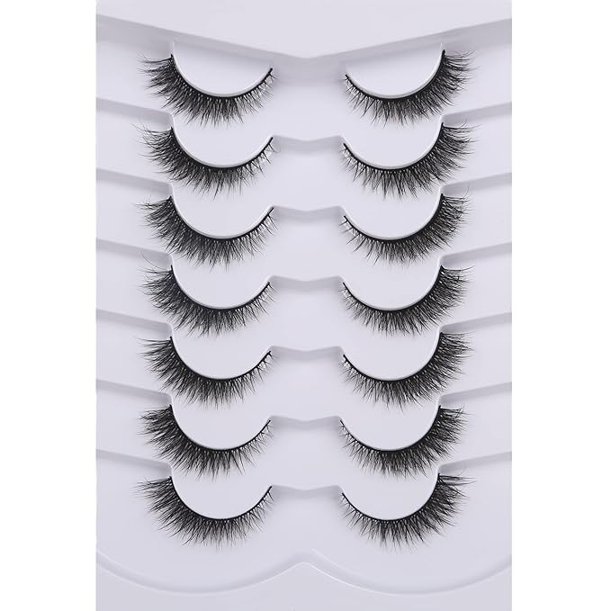 Pooplunch False Eyelashes Extension Volume Cat Eye Look Natural Wispy Short Volume 8D Fake Eyelashes Faux Mink Strip Lashes 7 Pairs Pack