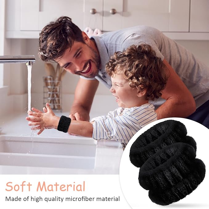 Chuangdi 4 Pairs Wrist Bands for Washing Face Wrist Spa Microfiber Wash Towel Band Scrunchies Absorbent Wristbands Sweatband for Women Prevent Liquid from Spilling(Black)