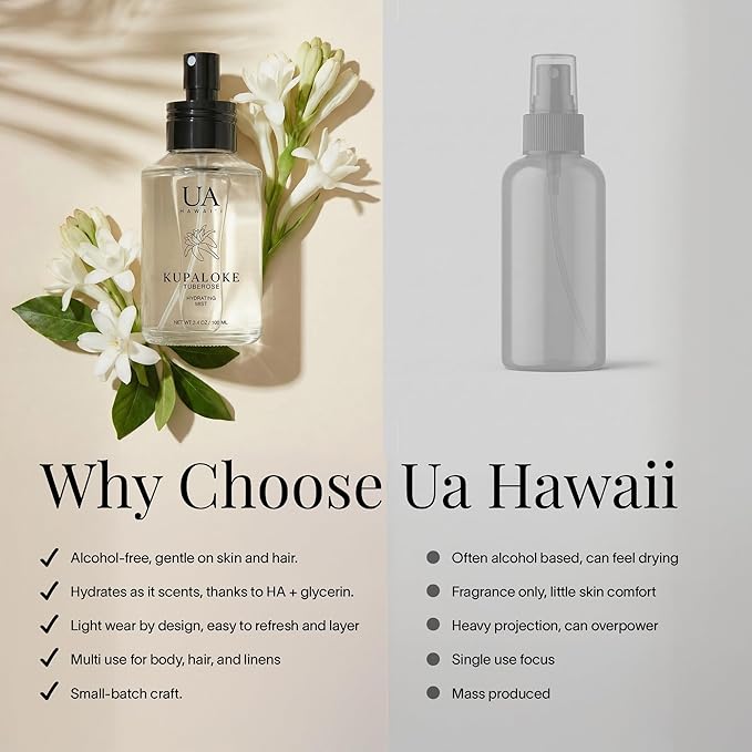 Kupaloke Tuberose Body and Hair Mist from Hawaii, Hair Perfume for a Light, Hydrating Refresh, Body Mist for Women and Men, Alcohol-Free, With Moisturizing Hyaluronic Acid & Glycerin, 3.4 oz