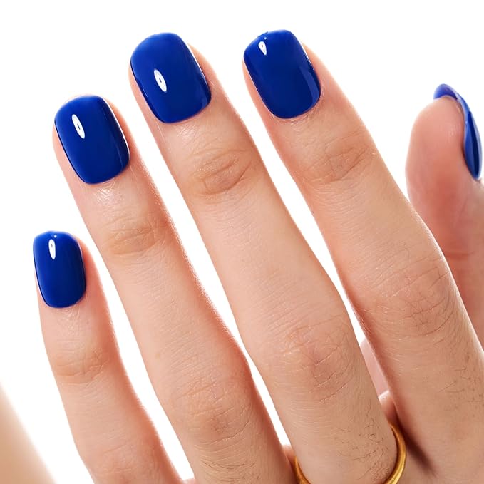 GLAMERMAID Navy Blue Extra Short Press on Nails, Pure Dark Blue Fake Nails Short Squoval, Nutural Soft Jelly Gel Natural Square Glue on Nails, Acrylic False Nails, Glossy Round Fake Nails for Women