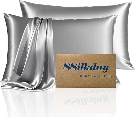 Mulberry Silk Pillow Cases Queen Size Set of 2, Ultra Smooth Soft Breathable Cooling Pillow Cases for Hot Sleepers, Silk Satin Pillowcases 2 Pack with Zipper for Hair and Skin, Gifts for Women