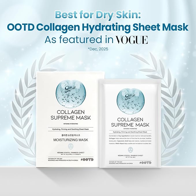 #OOTD Collagen Hydrating Sheet Masks for Face Korean Anti Aging Mask Sheet for Dry Skin & Sensitive Skin, EVE Vegan, Not Tested on Animals, No Parabens, No Sulfates, Hyaluronic Acid, Witch Hazel 10EA