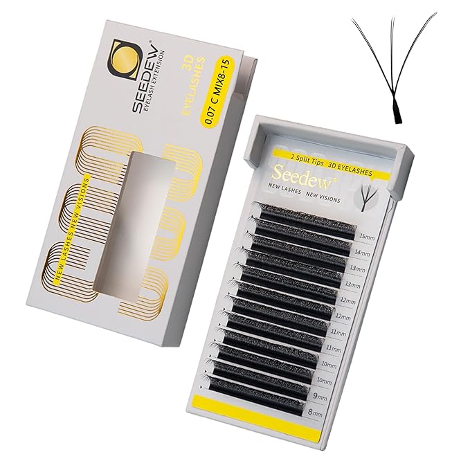 SEEDEW 3D-Double Tips Lash Extensions, 0.07mm C Curl MIX8-15mm 12 Rows/Tray, W Shape 3DD Flat Stem, PBT Natural Eyelashes for Beginner Artist, Lash Tech, Beauty Salon(3DD-Matte Black-0.07-C-MIX8-15mm)