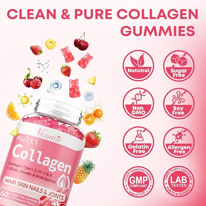 2 Pack Sugar Free Collagen Gummies for Women & Men | Hydrolyzed Collagen Peptides for Hair Skin & Nails | MultiCollagen Protein Type I II III V X with Biotin & Vitamin C | Strawberry Flavor, 120 Count