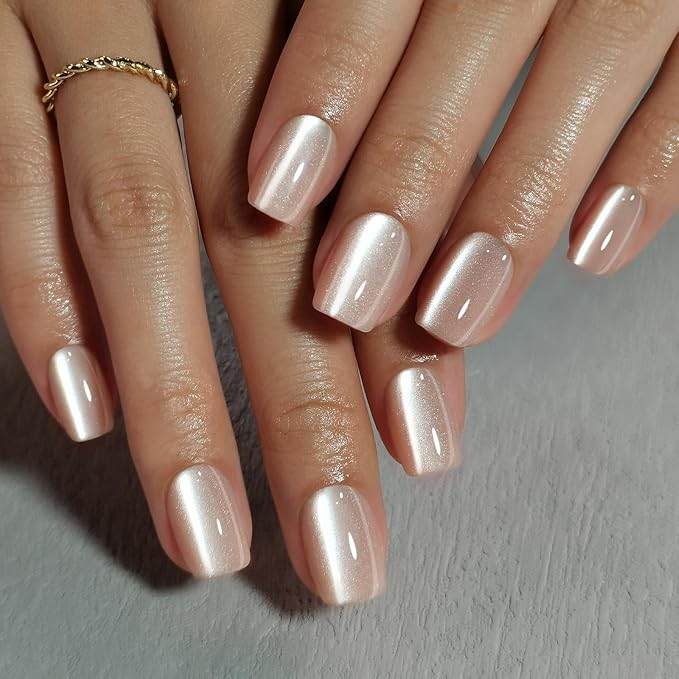 SHANGMENG Cat Eye Nude Press on Nails Square - Soft Gel Press on Nails Short for Women Gift, Fit Perfectly & Natural Stick on Nails with Glue in 16 Sizes - 32 Reusable Fake Nails, Light Nude