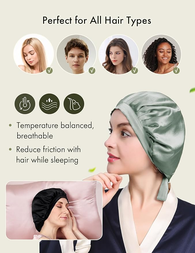 LilySilk 100% Mulberry Silk Bonnet Flat Front Silk Night Sleep Cap Adjustable Hair Wrap for Sleeping, Avocado Green