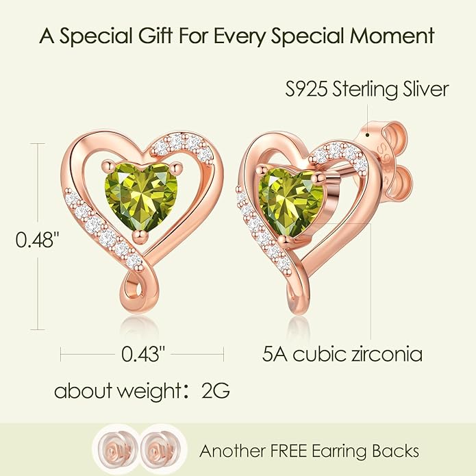 Zifeel Earrings for Women, S925 Sterling Silver Rose Gold Birthstone Heart Studs Earring for Girlfriend Wife, Anniversary Birthday Christmas Valentines Mothers Day Gifts Jewelry for Women Wife Her Mom