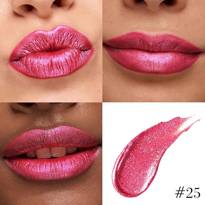 evpct Rose Red Metallic Glitter Lip Liner and Lipstick Combo Lip Gloss Stain Set Makeup for Women Long Lasting Waterproof 24, Non Stick Cup Metal Shine Shimmer Iridescent Liquid Lipstick 25