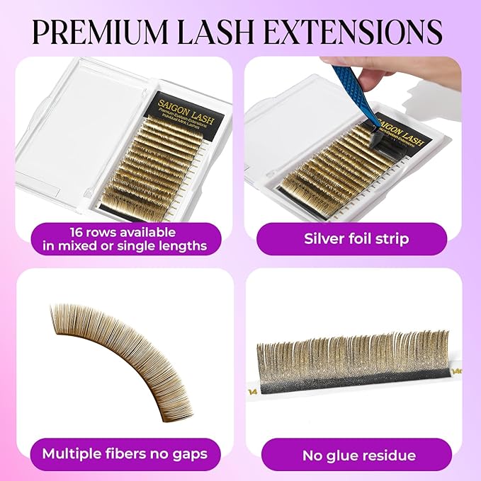 SAIGON LASH Eyelash Extensions, Mink Lash, Volume & Classic Lashes for Professionals, J/B/C/CC/D/L/M Curl, 4-15mm Length, Soft Korean PBT Fiber, 16 Rows Lash Tray (New Gold-CC-0.07-8-15mm)