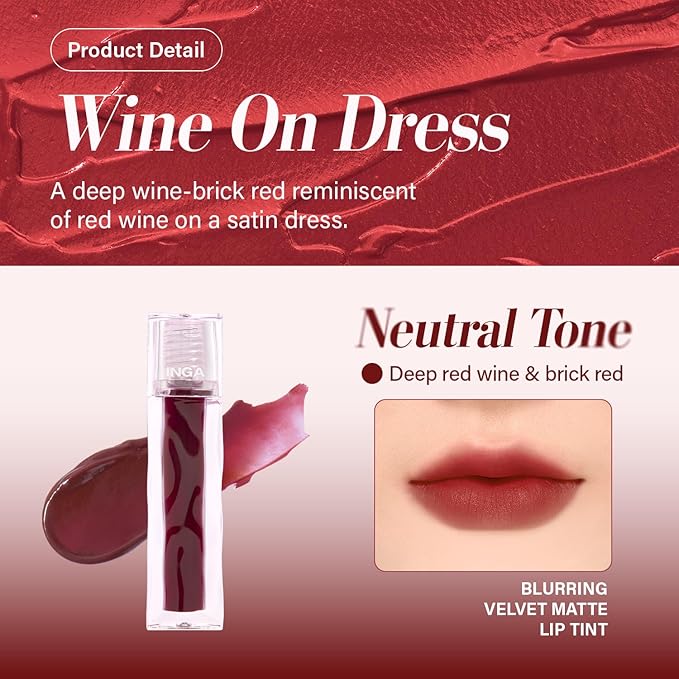 INGA Blurring Velvet Matte Lip Tint - Soft-Blur Matte Finish, Waterproof, Transfer-Proof, Long-Lasting Lip Stain, Lightweight Buildable Color with Hydrating Comfort (WINE ON DRESS)