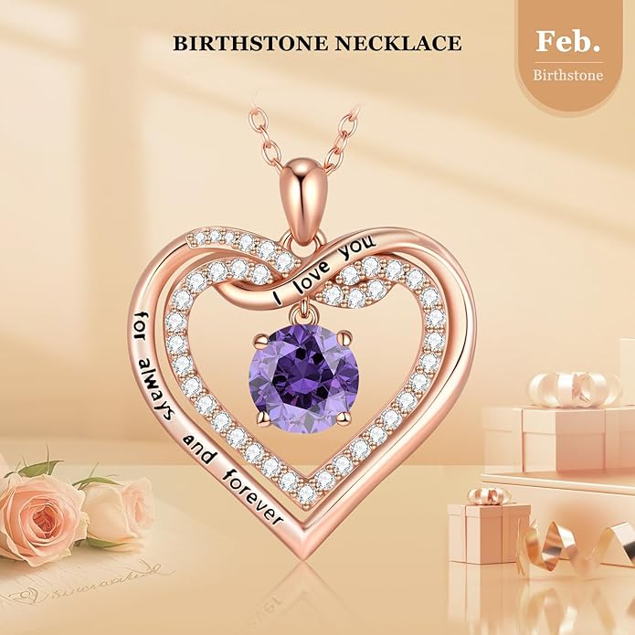 G&GEMSJEW Infinity Heart Birthstone Necklaces for Women, 925 Sterling Silver Jewelry, Pendant Heart Necklaces Birthday Anniversary Christmas Gift for Women Wife Mom Girlfriend Lady