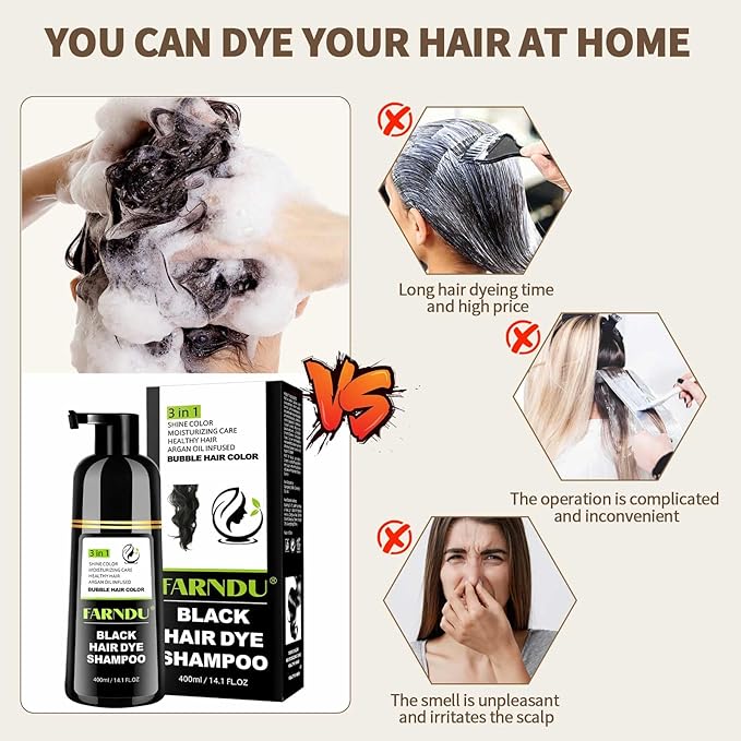Farndu Black Hair Dye Shampoo- Gray Coverage, Herbal Natural 3 in 1 Hair Color Shampoo for Men & Women
