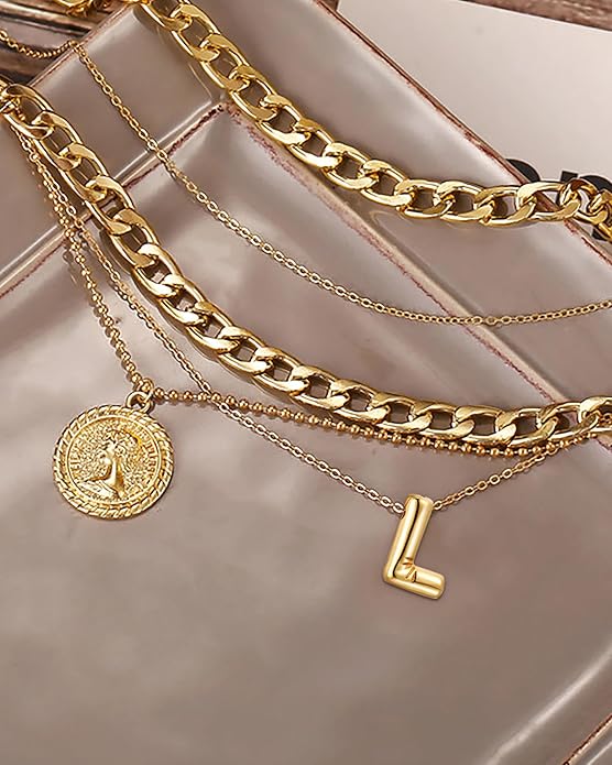 MJartoria Layered Necklaces for Women Trendy Balloon Initial Coin Pendant Necklace Dainty Chunky Chain Choker Necklaces Jewelry Birthday Gifts