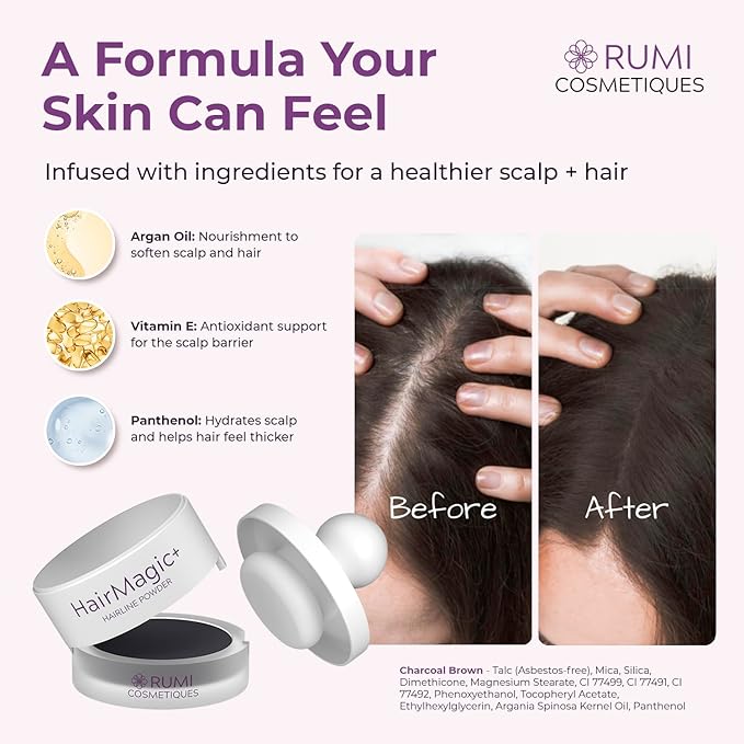 Rumi Cosmetiques HairMagic+ Root Touch Up Powder for Mature Women – Instant Gray Hair Coverage & Hairline Filler – Water-Resistant, Natural Finish, with Argan Oil & Vitamin E (Charcoal Brown)