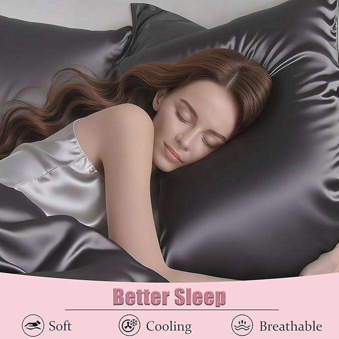 Mulberry Silk Pillow Cases with Zipper, Ultra Smooth Soft Breathable Cooling Pillow Cases for Hot Sleepers, Silk Satin Pillowcase for Hair and Skin, Gifts for Women (Dark Grey, King Size, 1 Pack)