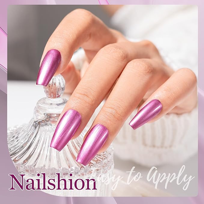 Nailshion Metallic Purple Rose Nail Polish with Base Top Coat 3-in-1 Clear Fast Air Dry Fingernail Polish Duo, Non-Gel, Nail Strengthener Polishes, Opaque, Glossy Luxury Nail Art Gift for Women Girls