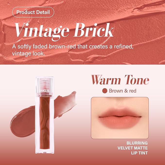 INGA Blurring Velvet Matte Lip Tint - Soft-Blur Matte Finish, Waterproof, Transfer-Proof, Long-Lasting Lip Stain, Lightweight Buildable Color with Hydrating Comfort (Vintage Brick)