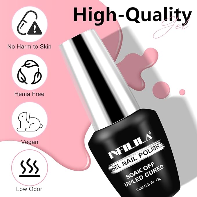 NXJ INFILILA Light Pink Gel Nail Polish, 15ml 0.51oz Pastel Pink Gel Nail Polish One-Stroke Coloring, Hema Free Nude Baby Color Soak Off UV Manicure Salon DIY for Girls SX0005