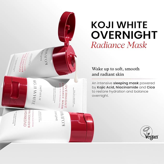 Koji White 1% Kojic Acid Radiance Overnight Face Mask – Hydrating Sleeping Mask for Glowing Skin, Uneven Tone & Smoothing with Niacinamide, Cica, Hyaluronic Acid - Unscented, Vegan Skincare 1.01 Fl Oz