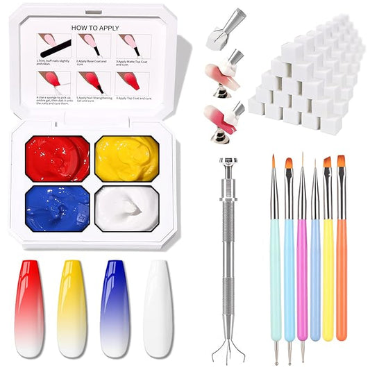 Karroy Patting Gel Nail Polish Set, Ombre Gel Polish Palette 100pcs Sponges 6pcs Brushes 1 Grabber, Blue Red Yellow White Primary Colors Blending Painting Art, No Wipe, UV/LED Cured (4 Colors Set A)