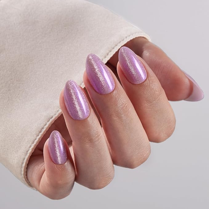 VSALON Press on Nails Short Almond - Purple Cat Eye Glitter Nails Kit for Women, Lilac Valentines Opaque Gel Fake Nails with Glue & Cuticle Oil - 32 PCS Stick On Nails in 16 Sizes (Iris)