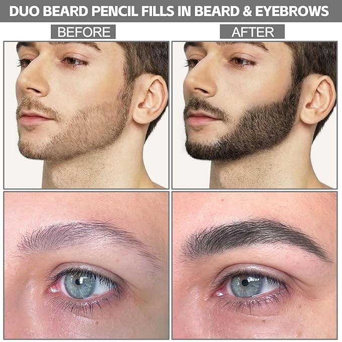 GEUUFEA Beard Pencil Filler for Men, Double Head 4 Forks Grooming Beard Pen, Fast Fill Thin Beard, Water & Sweat Resistant, Long-Lasting Black Beard Shaping Kit, Creates a Naturally Thicker Beard