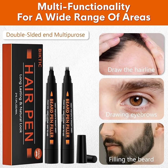 3-Pack Beard Pencil Filler for Men (Black), Four-fork Tip Beard Styling Pen, Waterproof Sweat Proof Long Lasting Beard Pencil,Effectively Enhances Facial Hair