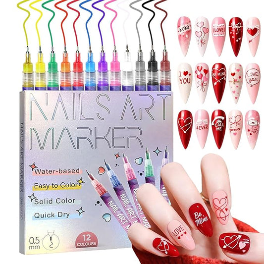 MKNZOME 12 Color Nail Art Pens for Painting Nails, 0.5 MM Nail Polish Pens Drawing Point Liner Painted Pen Kit, Waterproof Quick-drying for DIY Nails Art Design Manicure Tools