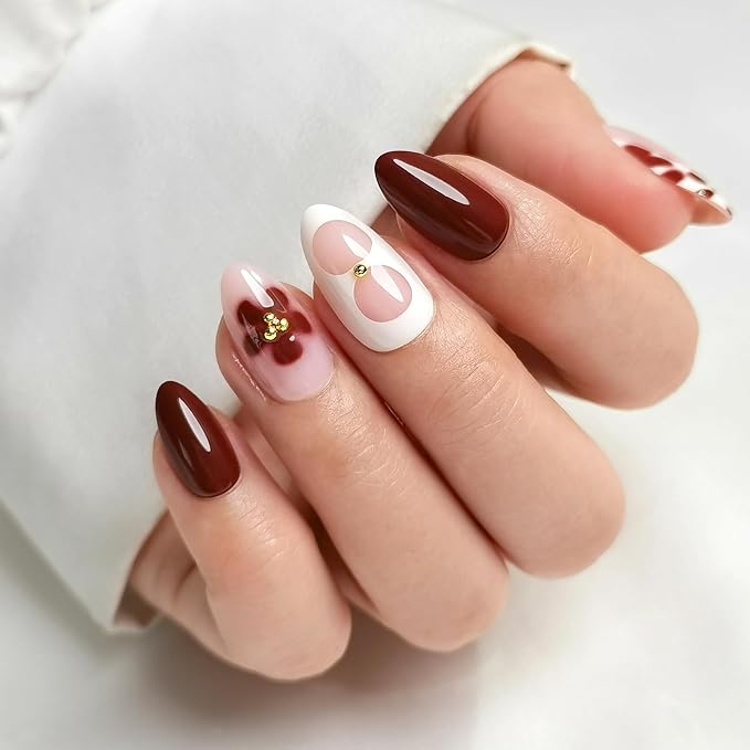 RPNZL Press On Nails - Blossom | Floral Design Almond UV Finish Nails, Salon Quality | 32 Nails, 16 Sizes Kit with Glue and Adhesive Tabs I Female Founded