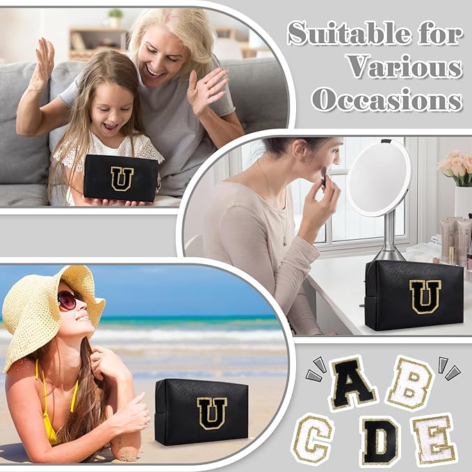 Personalized Initial A-Z Preppy Patch Makeup Bag,Small PU Chenille Letter Cosmetic Bag with Zipper for Teen Girls,Black Cute Toiletry Organizer Bag,Monogram Makeup Case Gift for Women Girls,Letter U