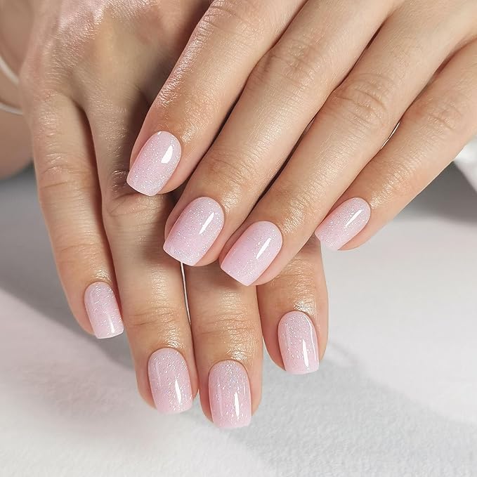 SHANGMENG Pink Press on Nails Square - Soft Gel Valentines Press on Nails Short for Women Gift, Fit Perfectly & Natural Stick on Nails with Glue in 16 Sizes - 32 Reusable Fake Nails, Shimmering Pink