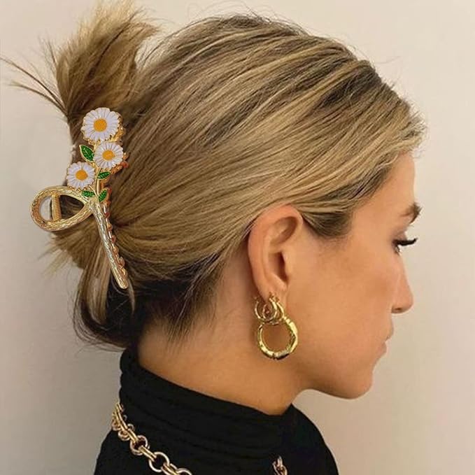 Large Metal Daisy Flower Hair Clips for Women - 2Pcs Sparkly Non-Slip Butterfly Jaw Clips for Strong Hold