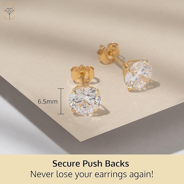 14k Gold Solitaire Round Cubic Zirconia Earrings Studs for Women & Men | Anti Tarnishing CZ Stud Earrings with 14k Gold Butterfly Pushbacks | 4MM-7.5MM by MAX + STONE