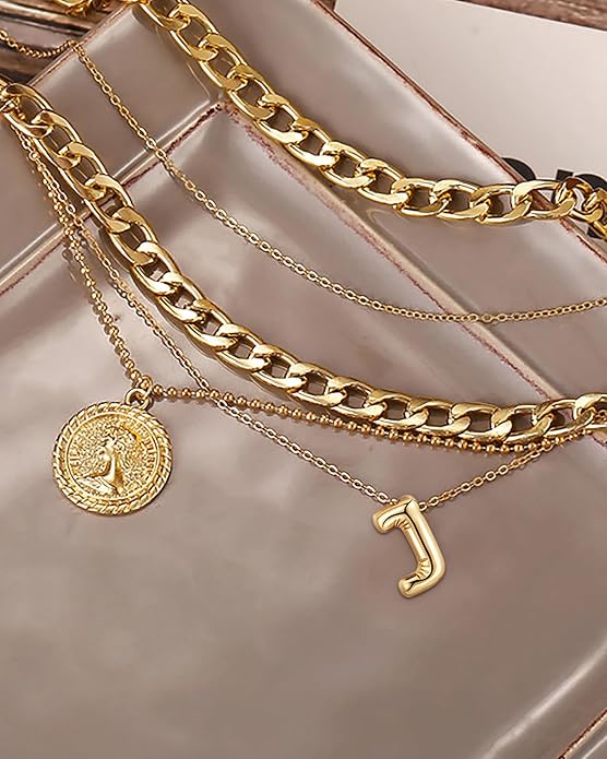 MJartoria Layered Necklaces for Women Trendy Balloon Initial Coin Pendant Necklace Dainty Chunky Chain Choker Necklaces Jewelry Birthday Gifts