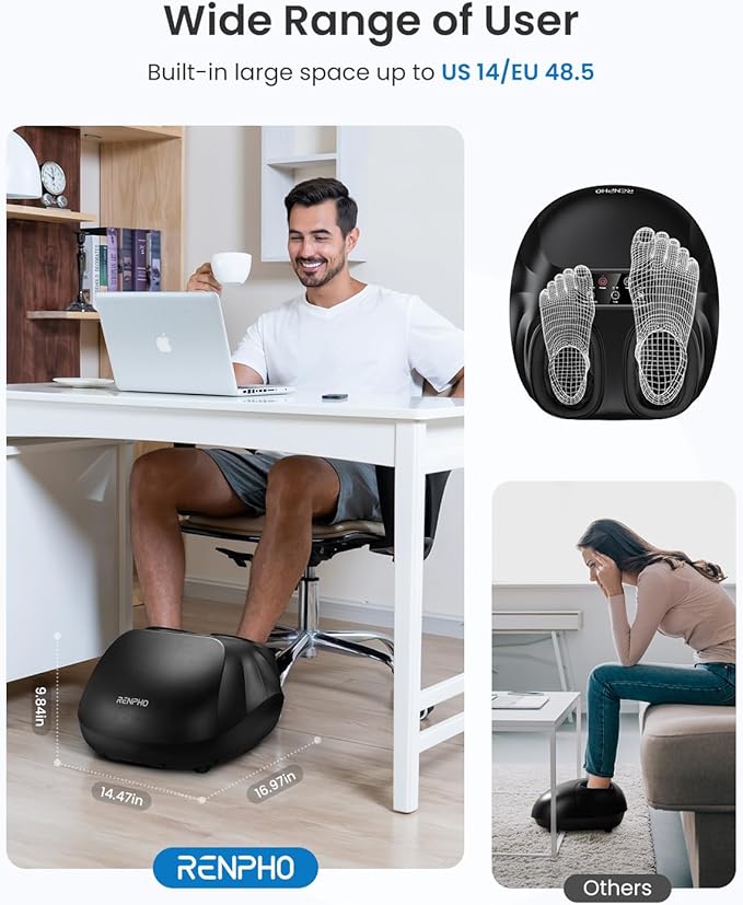 RENPHO Foot Massager Machine with Heat [2026 Upgraded], Shiatsu Foot Massager for Plantar Fasciitis, Cordless Control, FSA Eligible HSA Store Eligible, Up to Size 14, BK
