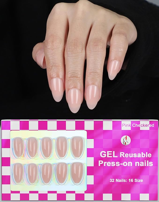 OIFEN 32pcs Short Press On Nails Almond 16 Sizes Glossy Fake Nails with Glue (Nude Pink)